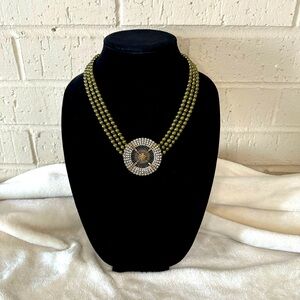 Heidi Daus Belgian Disc Olive Green Beaded Crystal Deco Necklace
